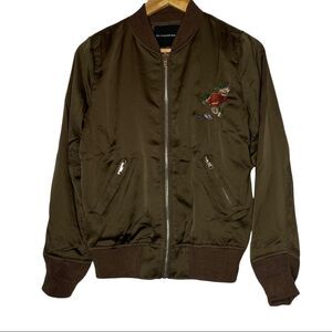 Olivaceous Brown Satin Bomber Jacket Embroidered women's size Small